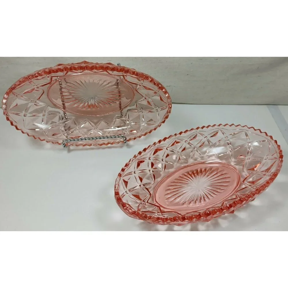 Set Of 2 Imperial Glass Pink Little Jewel Diamond Block Depression Celery Dish